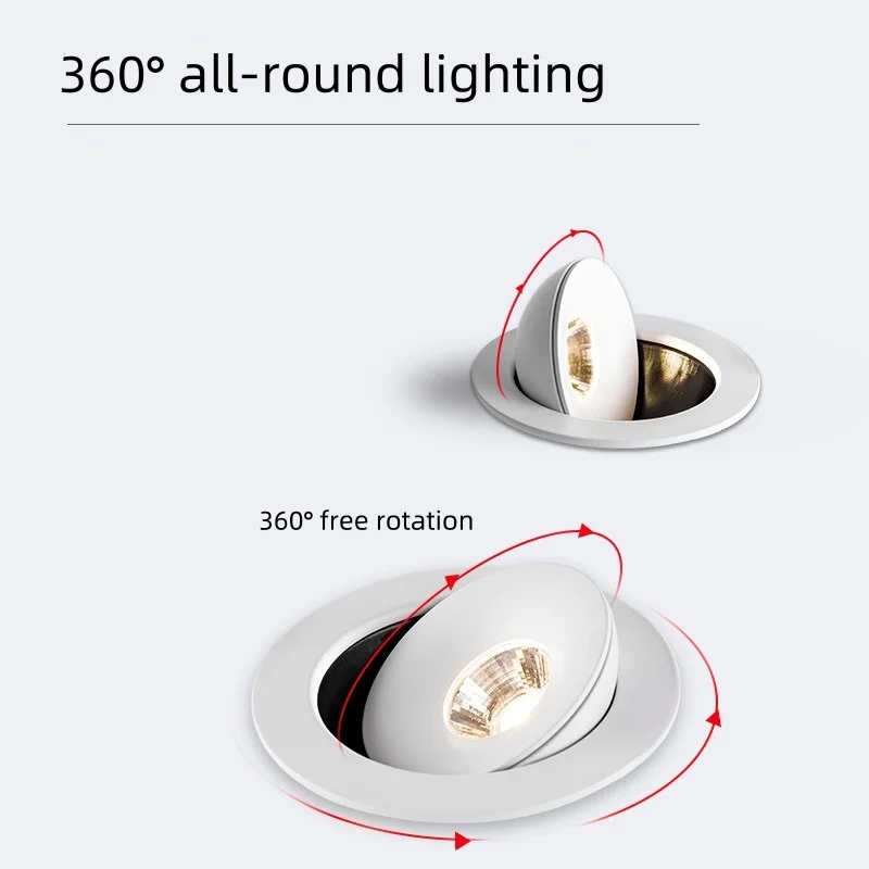 Ajustável regulável LED Spot Downlight, lâmpada embutida do teto, interior branco e preto, sala de estar, 360 °