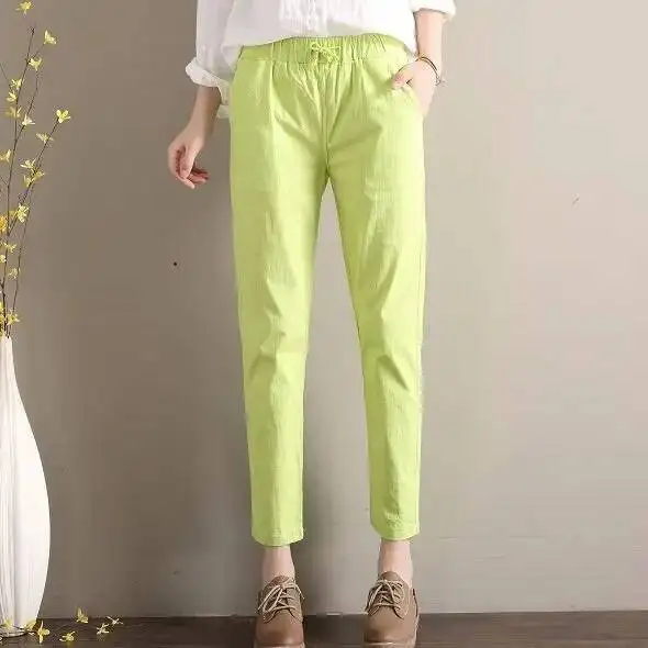2025 Summer Pants For Women Solid Lace Up Harem Pant Casual Baggy Elastic High Waist Cropped Trousers Female Clothing