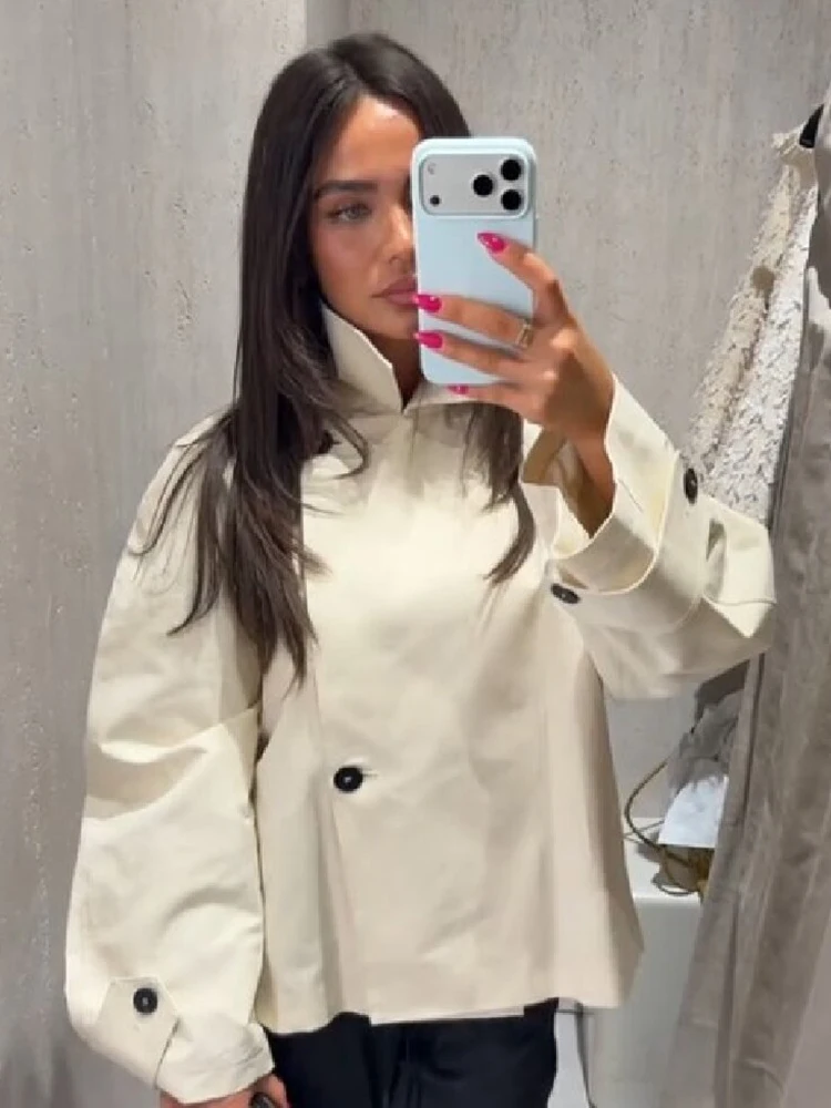 Minimalist Relaxed Cropped Wind Coat Stand Neck Button Women Outerwear Daily Casual Chic Stylish Office Autumn Lady Streetwear