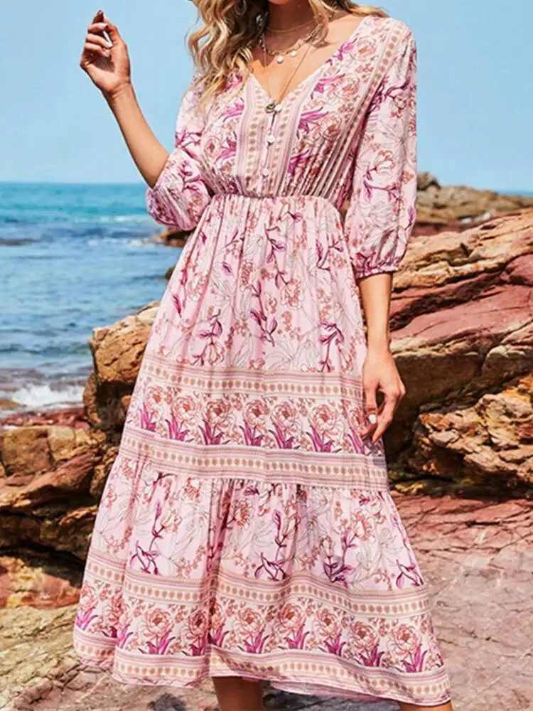 Estate Boho lungo donna moda stampa scollo a V mezza manica abito in cotone elegante casual abiti da spiaggia a vita alta abiti