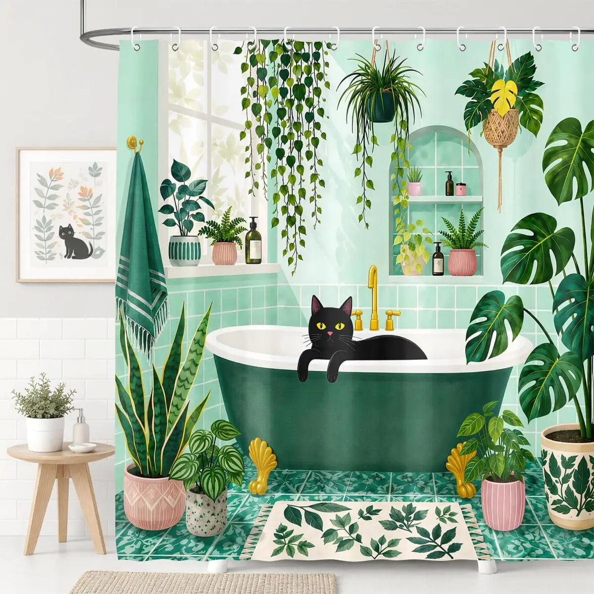 Boho Black Cat Shower Curtain, Cat In Bathtub Surrounded By Green Plants, Tropical Foliage Art Print Waterproof Bath Curtain