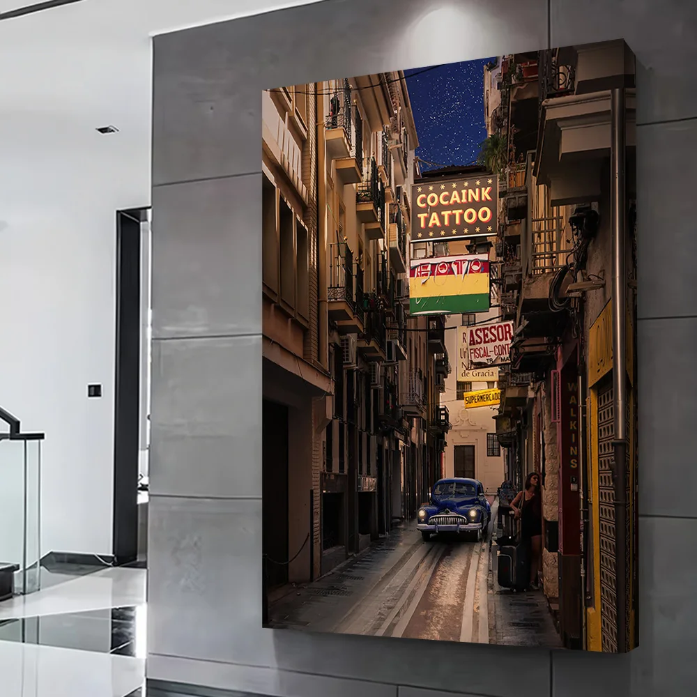 Nighttime Alleyway With Classic Car Printing Poster Customizable Pictures Wall Art Canvas Painting for Decorative Picture Frames
