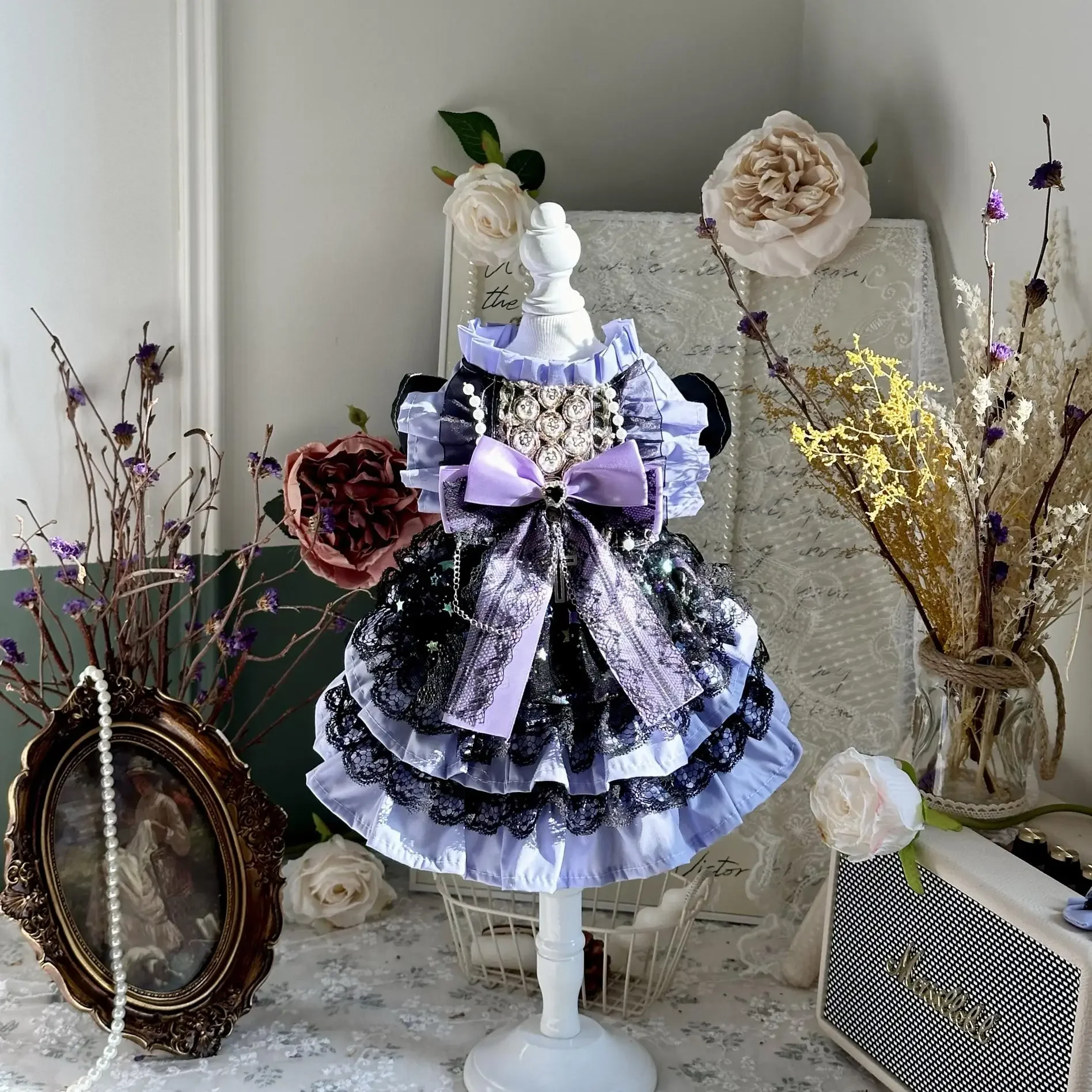 

French Style Elegant Purple Pet Dog Clothes Luxury Handmade Cotton Lace Bow Party Dresses For Small Medium Dog Poodle Chihuahua