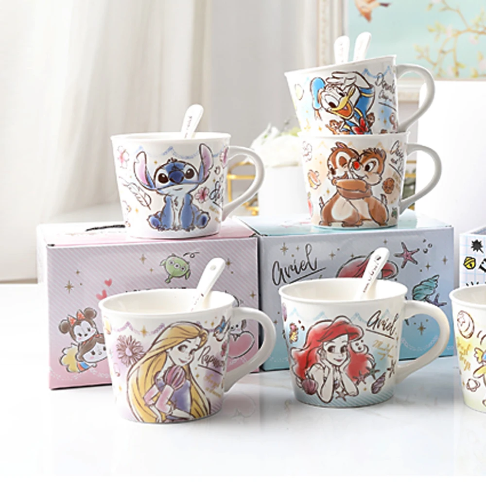 Taza de princesa de Disney, taza de leche de dibujos animados, regalo de cumpleaños para niños y niñas, taza de café de cerámica con cuchara de 250ML para el hogar