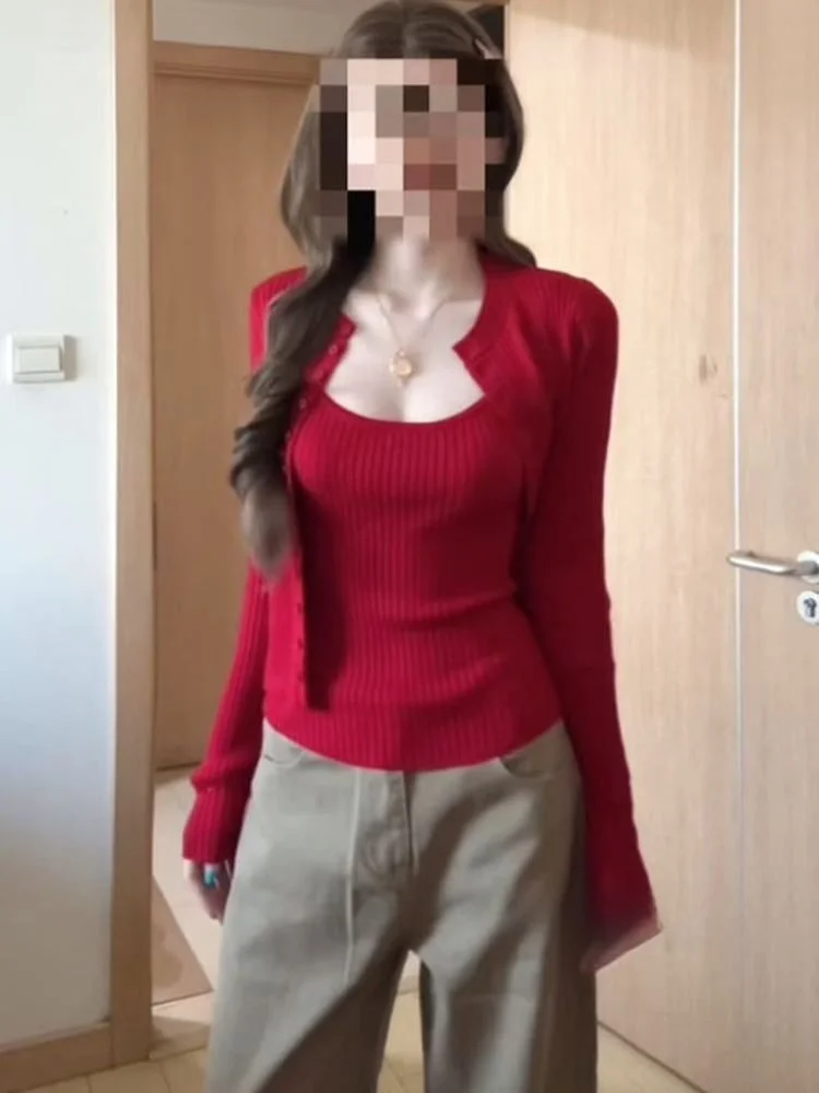 

Красный вязаный облегающий топ и худи Cisas для многослойного ношения, женский модный уютный комплект из двух предметов для Нового года