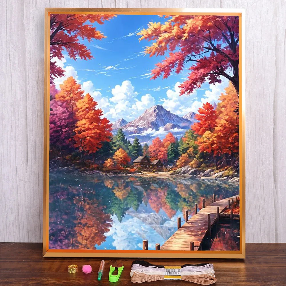 

Autumn Tree Pattern Cross Stitch Kits Lake Landscape Printed Embroidery Needlework Set DIY 11CT Print Canvas Patterns Wall Decor