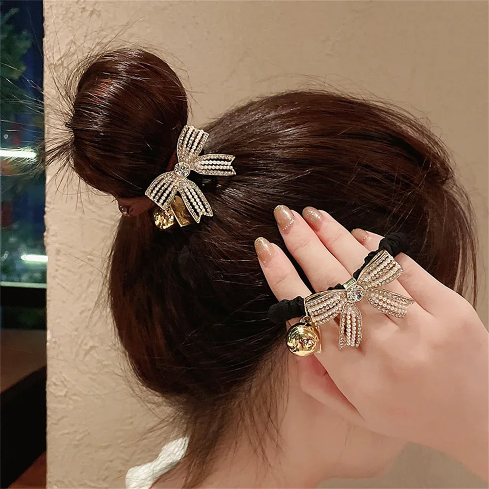 Fashion Imitation Pearl Rhinestone Bowknot Hair Rope Elegant Solid Color Bow Hair Ring Women Girls Ponytail Bun Hairband Gifts