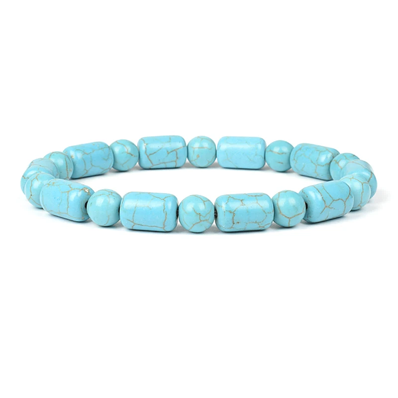 Various Shapes Blue Turquoise Bracelets Cube Cylindrical Beads Blue Natural Stone Bracelet For Men Women Elastic Cord Jewelry