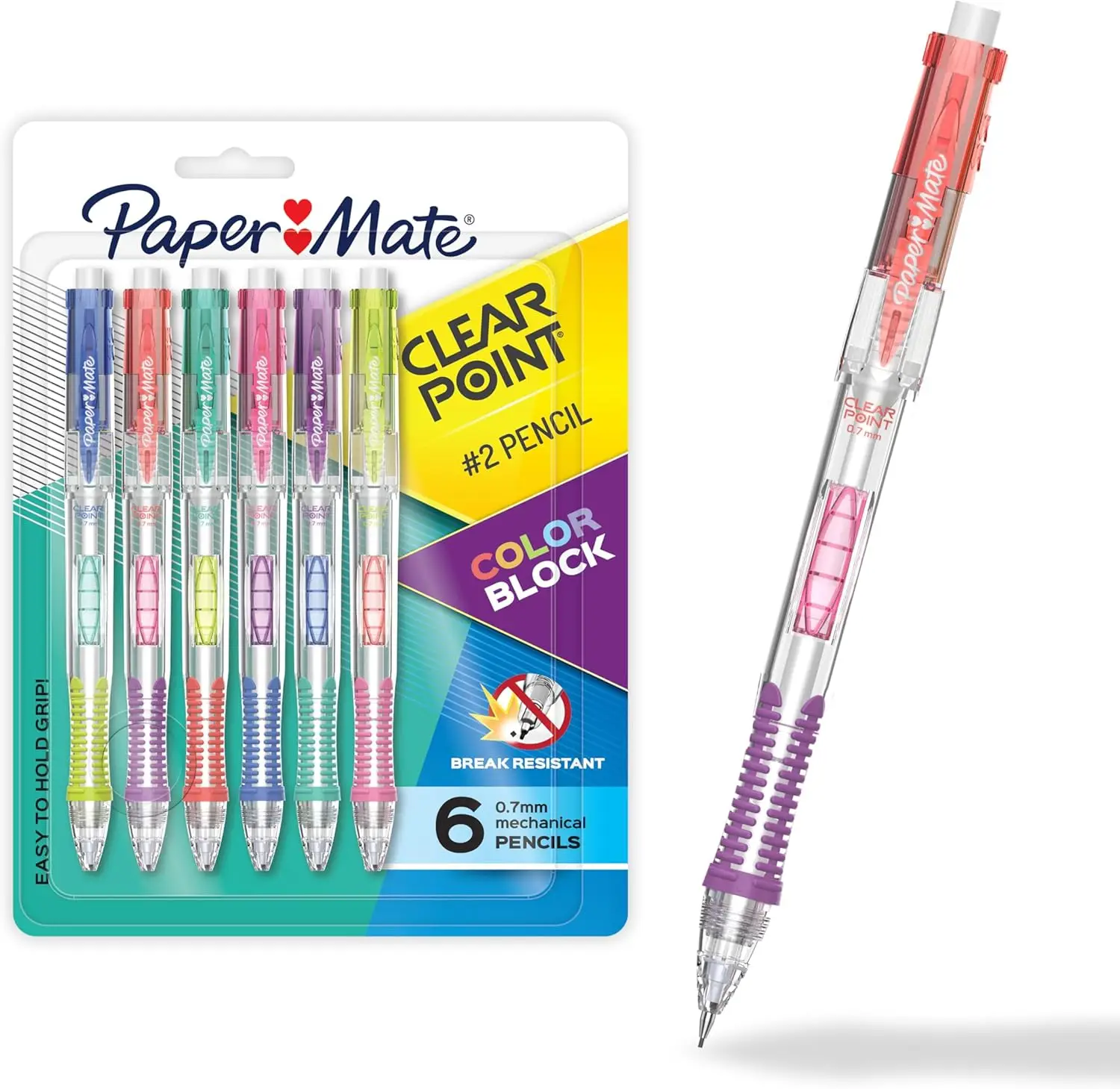 

Break-Resistant 0.7mm Mechanical Pencil, HB #2 Lead, 6-Pack, Color Block Design, Soft Grip, Side Advance, Jumbo Eraser