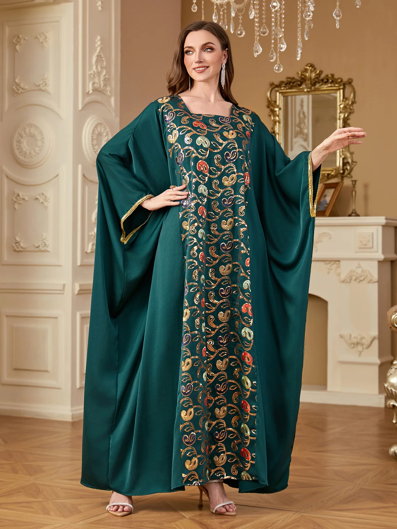 Ramadan Eid Batwing Sleeve Dress Muslim Women Satin Abaya Dubai Kaftan Djellaba Loose Robe Arabic Caftan Marocain Femme Vestidos