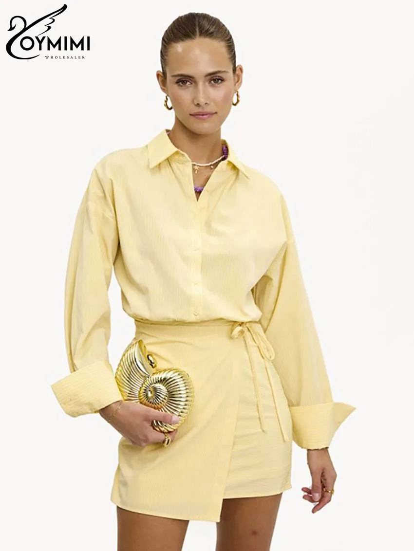 Oymimi Fashion Yellow Women 2 Piece Set Outfit Elegant Long Sleeve Button Shirts And High Waist Lace-Up Slim Mini Skirts Sets
