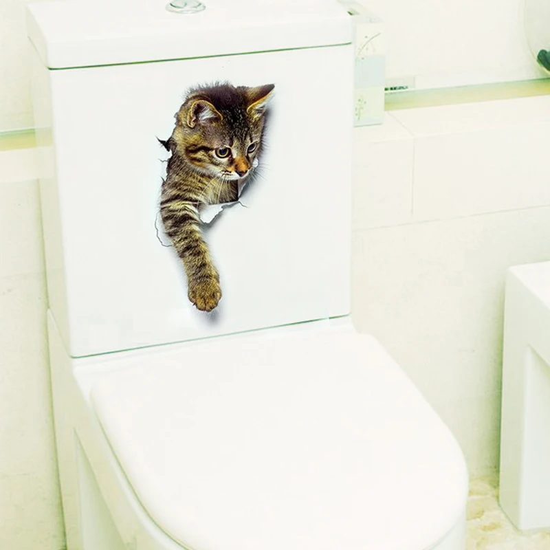 Lovely Cat Toilet Stickers For Wc Washroom Decoration Diy Vivid 3d Look Pet Animal Home Decals Pvc Wall Mural Art Print Posters