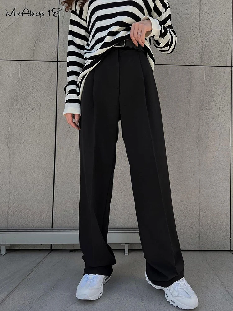 Mnealways18 Gray Pleated Wide Legs Pants Women Office High Waist Pockets Solid Trousers Autumn Winter 2024 Female Baggy Pants