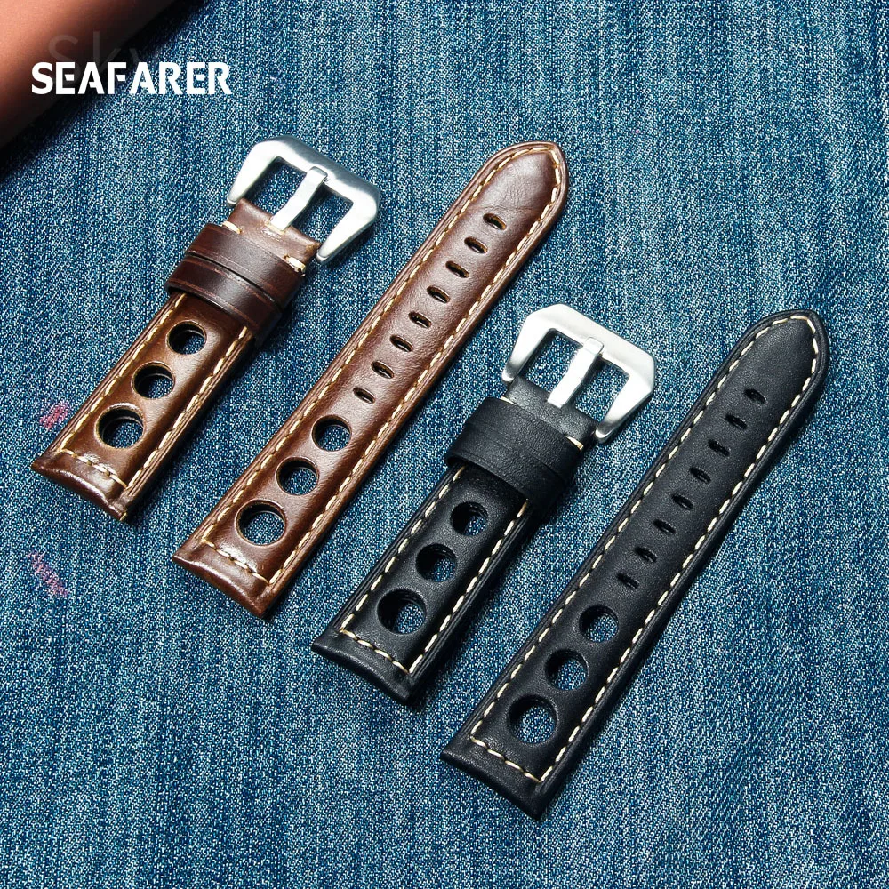 Leather Watch Strap Porous Breathable Watch Band 20mm 22mm 24mm Handmade Stitching Watchband Wist Bracelets Replacement