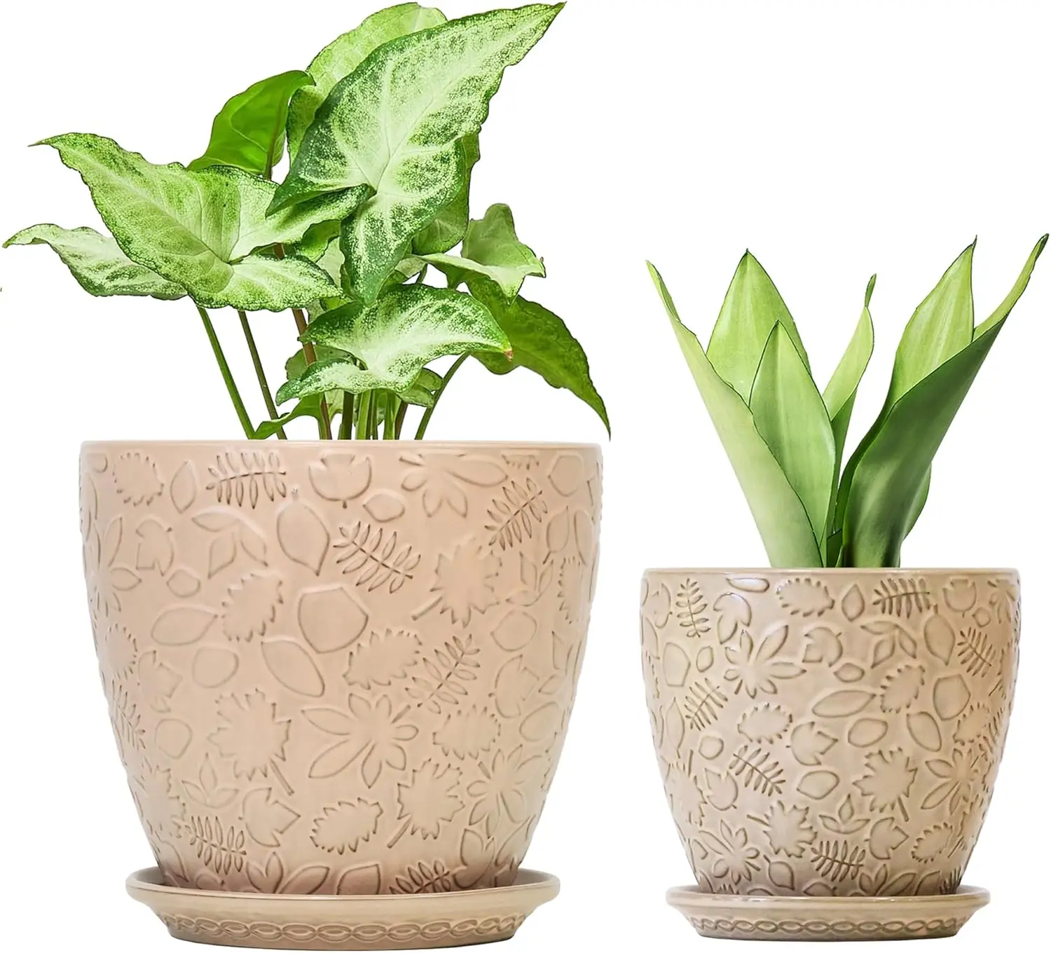 

8 Inch + 6 Inch Retro Ceramic Planter Set with Drainage Hole and Saucer for Indoor-Outdoor Plants