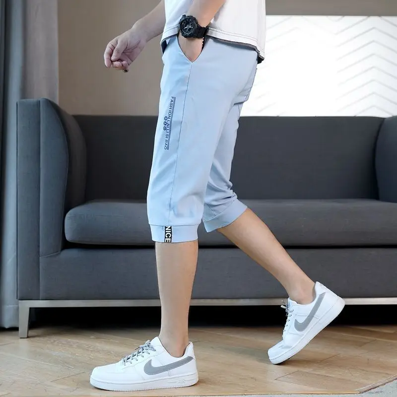 Summer Ice Silk Cropped Pants Men Loose Quick-drying Casual Ultra-thin Air-conditioning Running Fitness Sports Large Size Loose