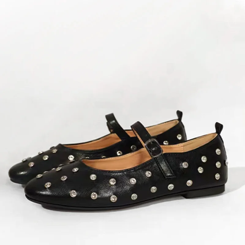 

TRAF Rhinestone Round Dot Low Square Heel Shoes Women Retro Round Head Metal Buckle Sandals Black Shallow Mouth Shoe For Woman