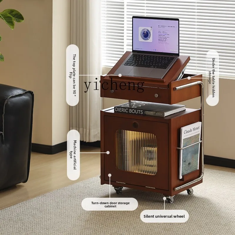 

QZT Small Trolley Side Table Solid Wood Bedside Magazine Cabinet Movable Sofa Side Cabinet