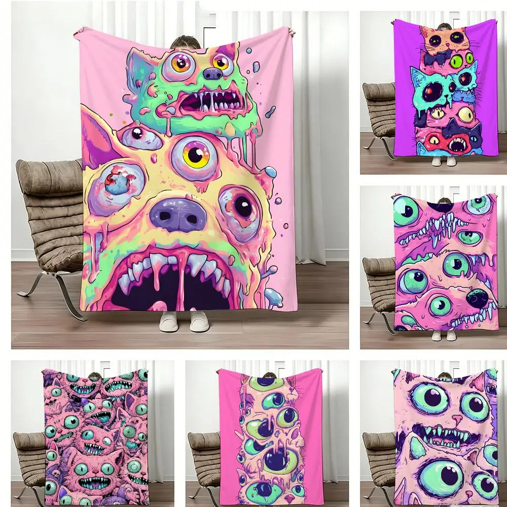 Anime M-Melting Horror Cat Throw Lightweight 240g Flannel Blanket Soft Skin-friendly for Summer Cooling