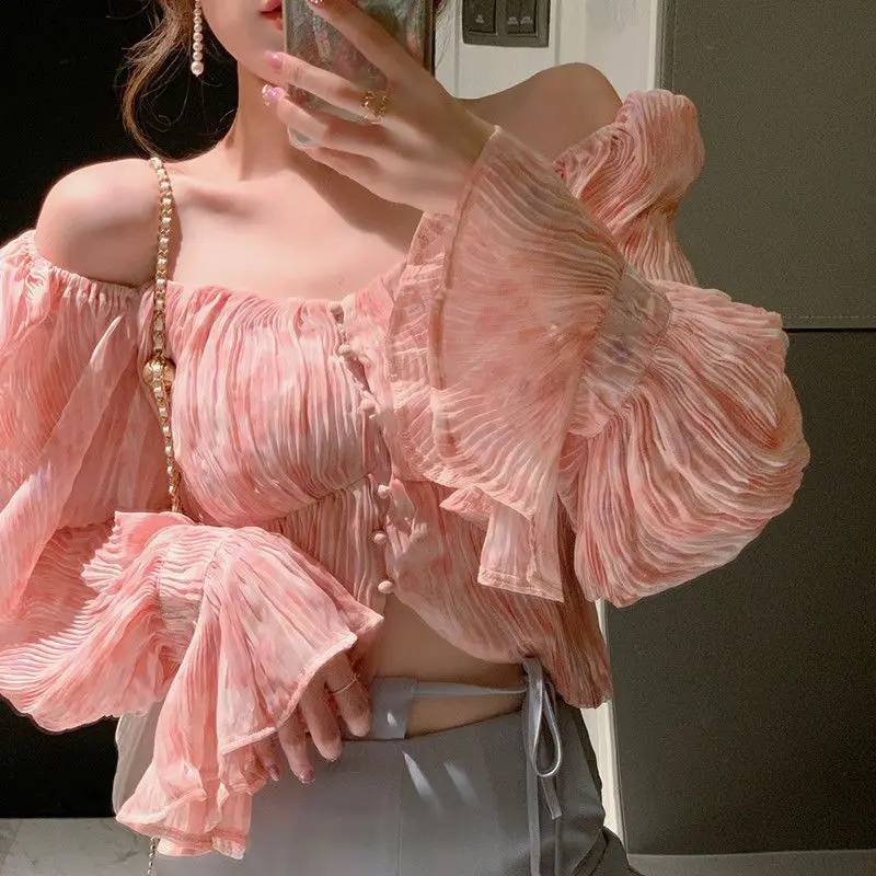 Sexy Kawaii Sweet Square Neck Print Party Club Crop Tops for Women Fashion Pleated Slim Long Sleeve Chic Chiffon Shirts Blouses