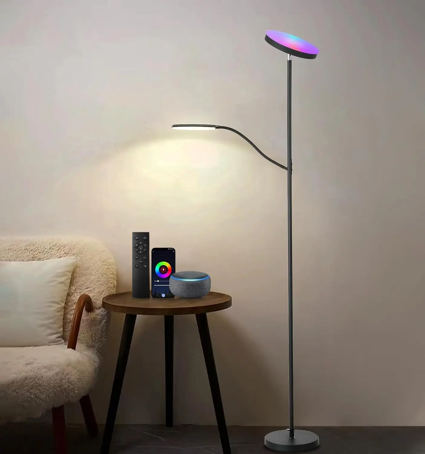 مصباح أرضي Dimmer RGB، 24W/2000LM رئيسي + ضوء جانبي 10W/350LM، 3 ألوان قابلة للتعديل، جهاز تحكم عن بعد وجهاز تحكم في التطبيقات لغرفة المعيشة