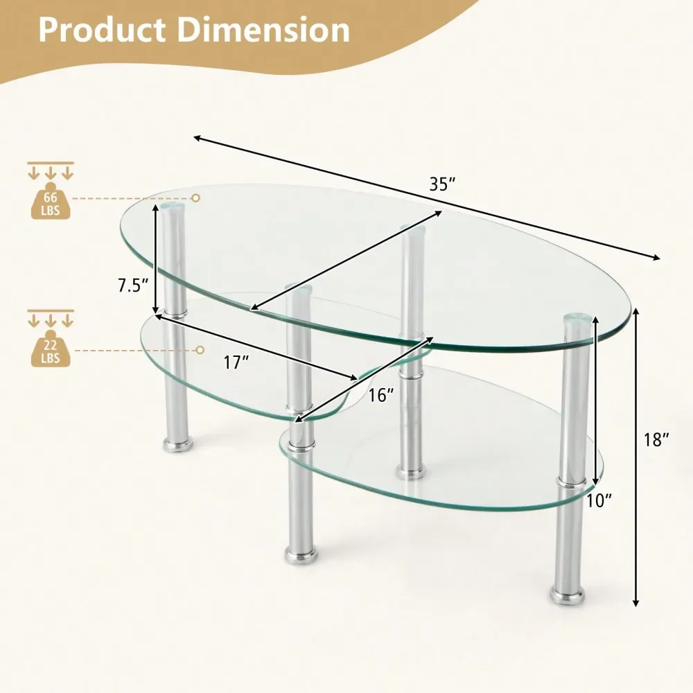 

Tempered Glass Oval Side Coffee Table Shelf Chrome Base Living Room