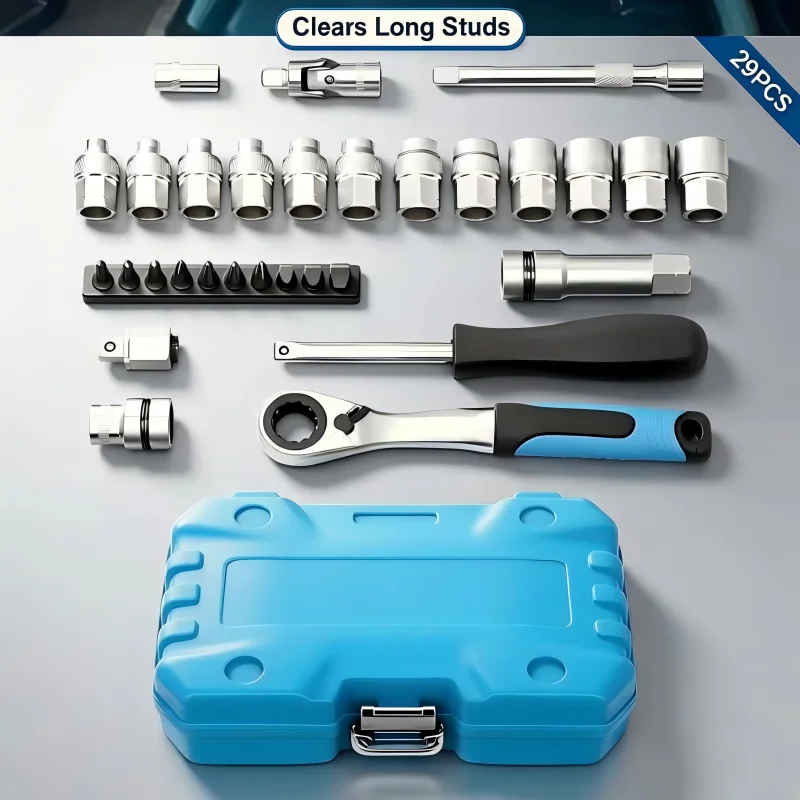 29pcs Hollow Pass-Through Ratchet Wrench Set Reversible 12 Point Socket Bits Extension Bar Adapter Repair Tool Kit