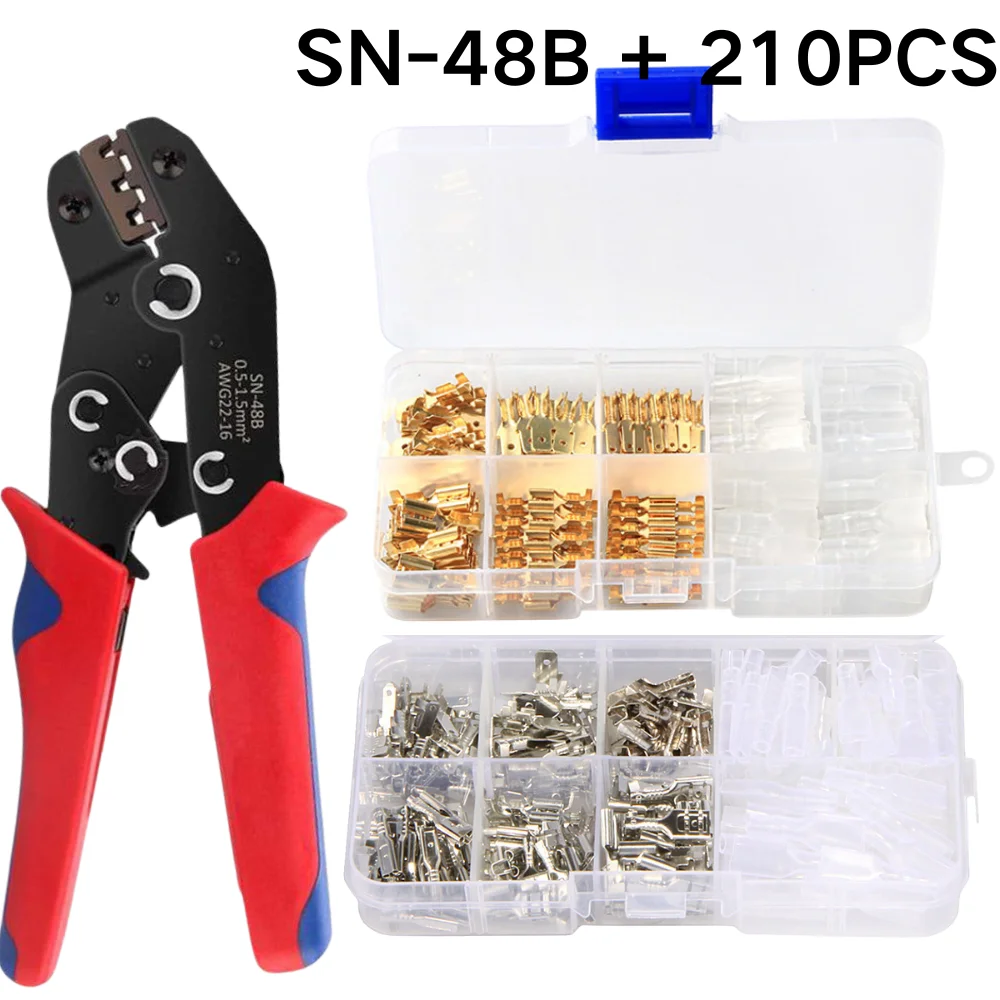 210PCS 2.8/4.8/6.3mm Insulated Male&Female Spade Connectors Electrical Wire Crimp Terminals Transparent Sleeve Assorted Kit