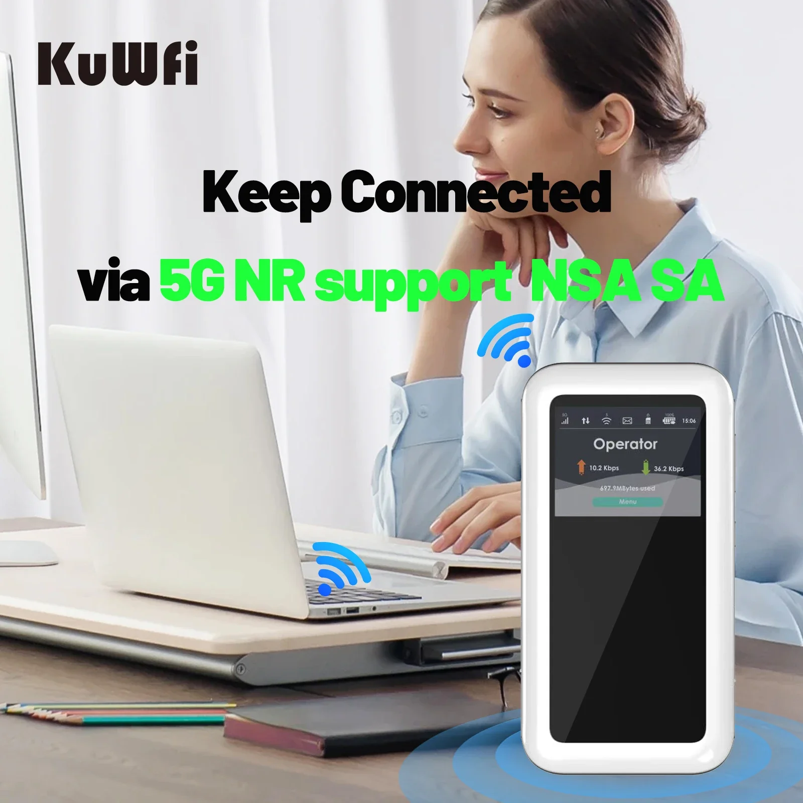 KuWFi M46-e AX1800 5G E-Sim راوتر محمول بسرعة 1800 ميجابت في الثانية عالي الأداء بطارية متنقلة 4500 Mah 5G راوتر واي فاي صغير