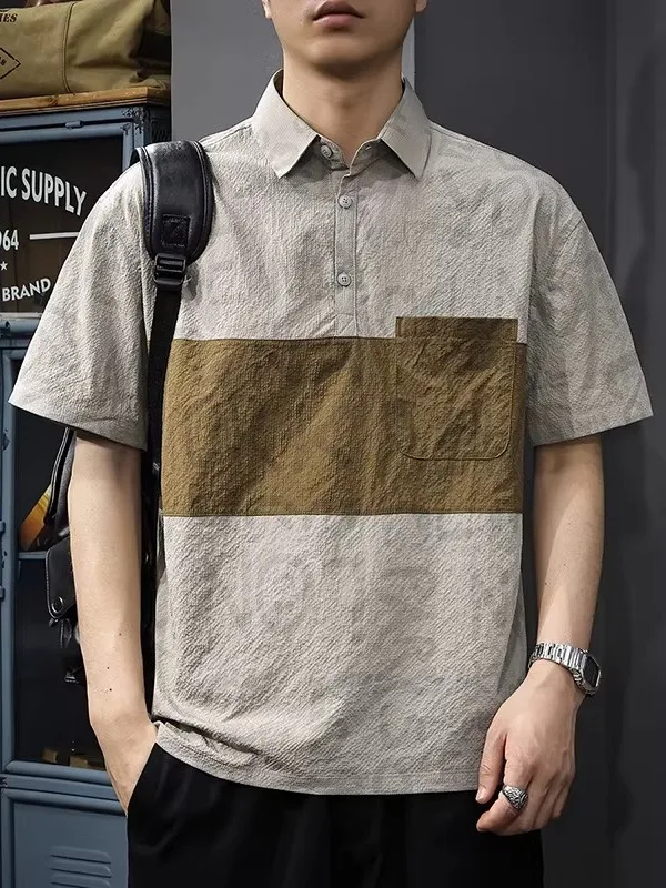 Summer 2026 New Style Color Block Short Sleeve  Shirt Men's Ice Silk Thin Loose Collar Half Sleeve Fast Dry Deformation R...