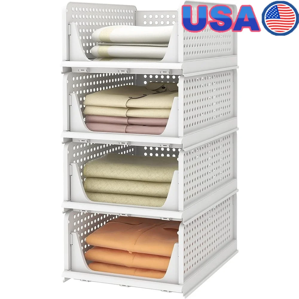 

Versatile Stackable Storage Baskets Foldable Closet Organizers 4 Pack Plastic Bins Drawer Shelf Home Office Bathroom Use
