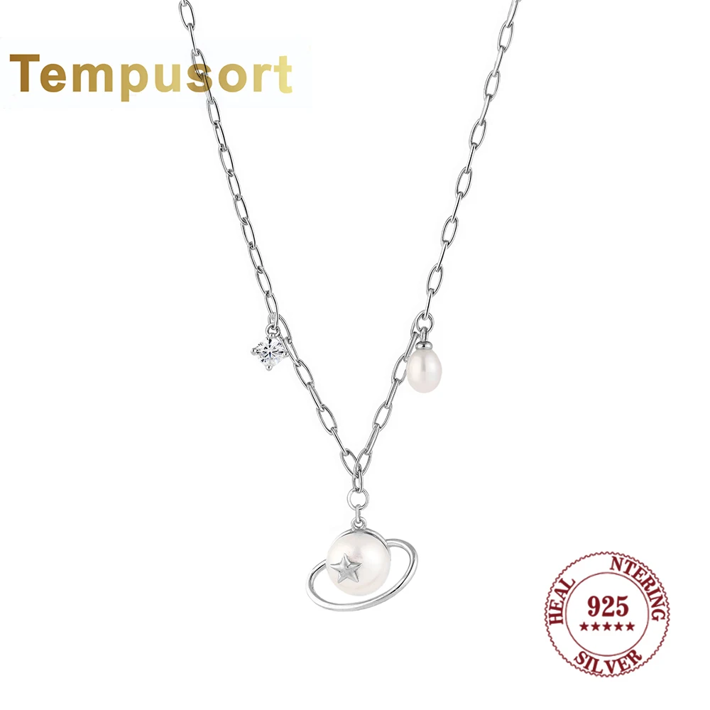 

Tempusort Silver Planet Pendant Natural Freshwater Pearl Necklace with Zircon Unique Celestial Design Fashion Jewelry for Women