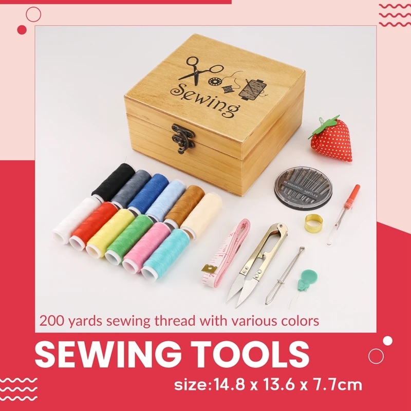 Kit de costura de roupas caixa de costura de madeira acessórios de costura kit caixa de trabalho para remendar