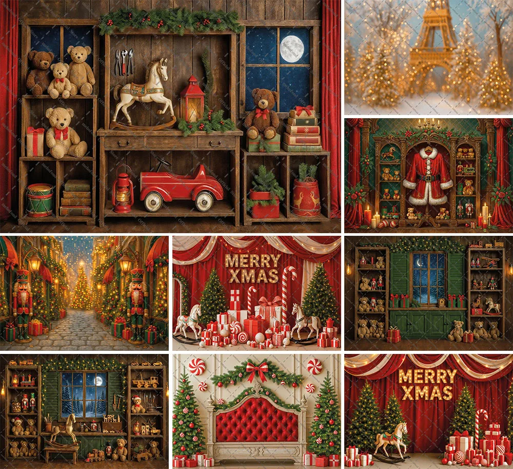 Mehofond 사진 배경 크리스마스 빈티지 산타의 워크샵 장난감 크리스마스 트리 아이 가족 초상화 장식 배경 사진 스튜디오