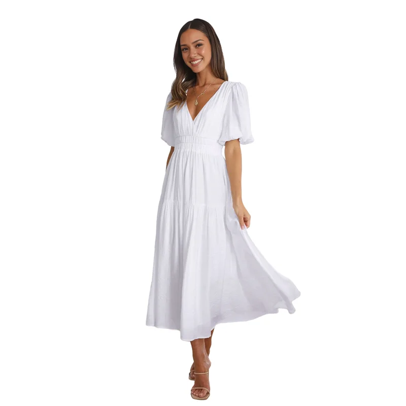 Robe mi-longue à plusieurs niveaux pour femmes, col en V profond, manches courtes bouffantes, taille haute élastique, fluide, ligne A