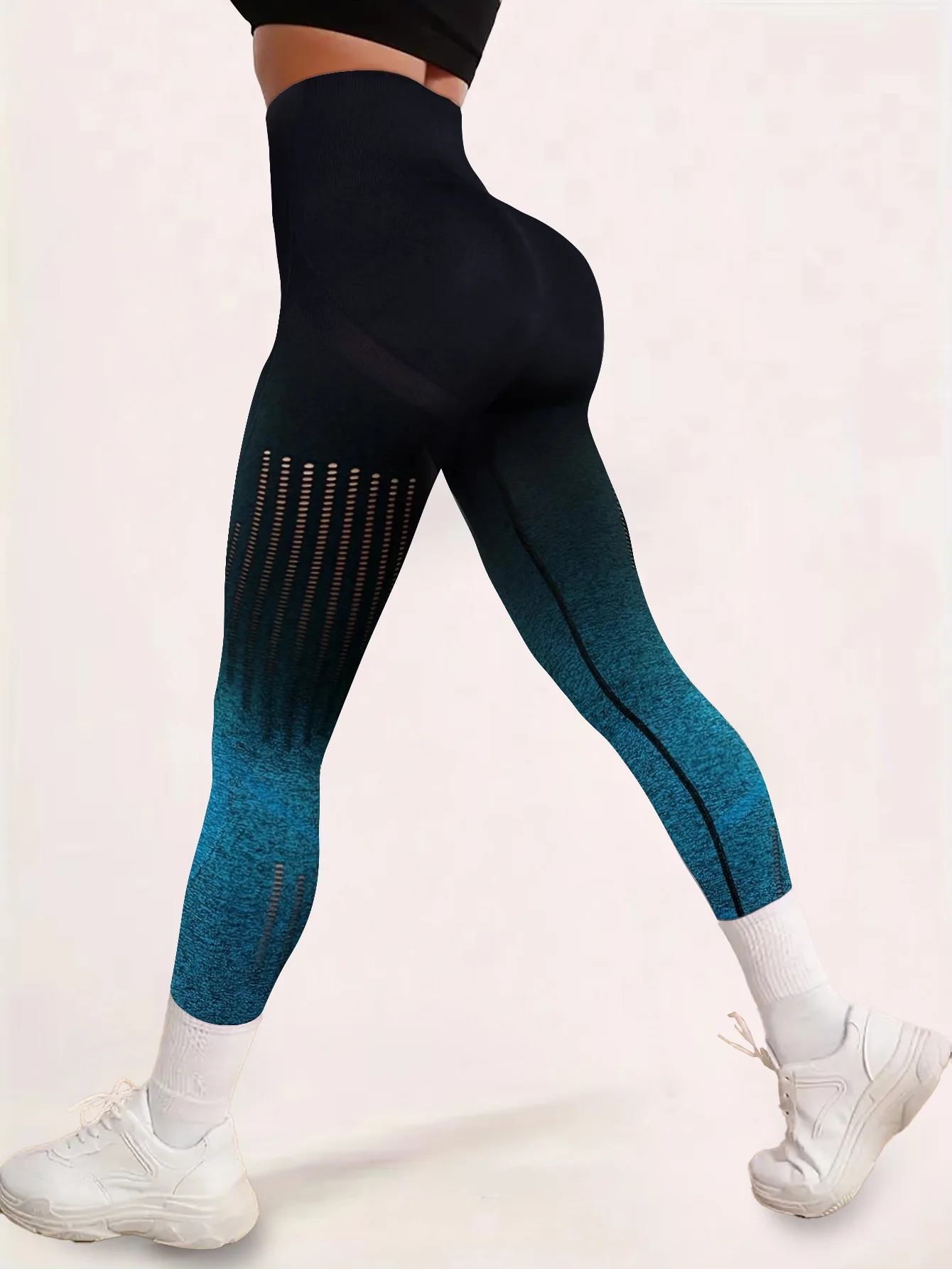 Women Gradient Seamless Yoga Leggings High Waist Scrunch Butt Lift Hollow Cutout Hole Workout Sports Gym Fitness Running Pants