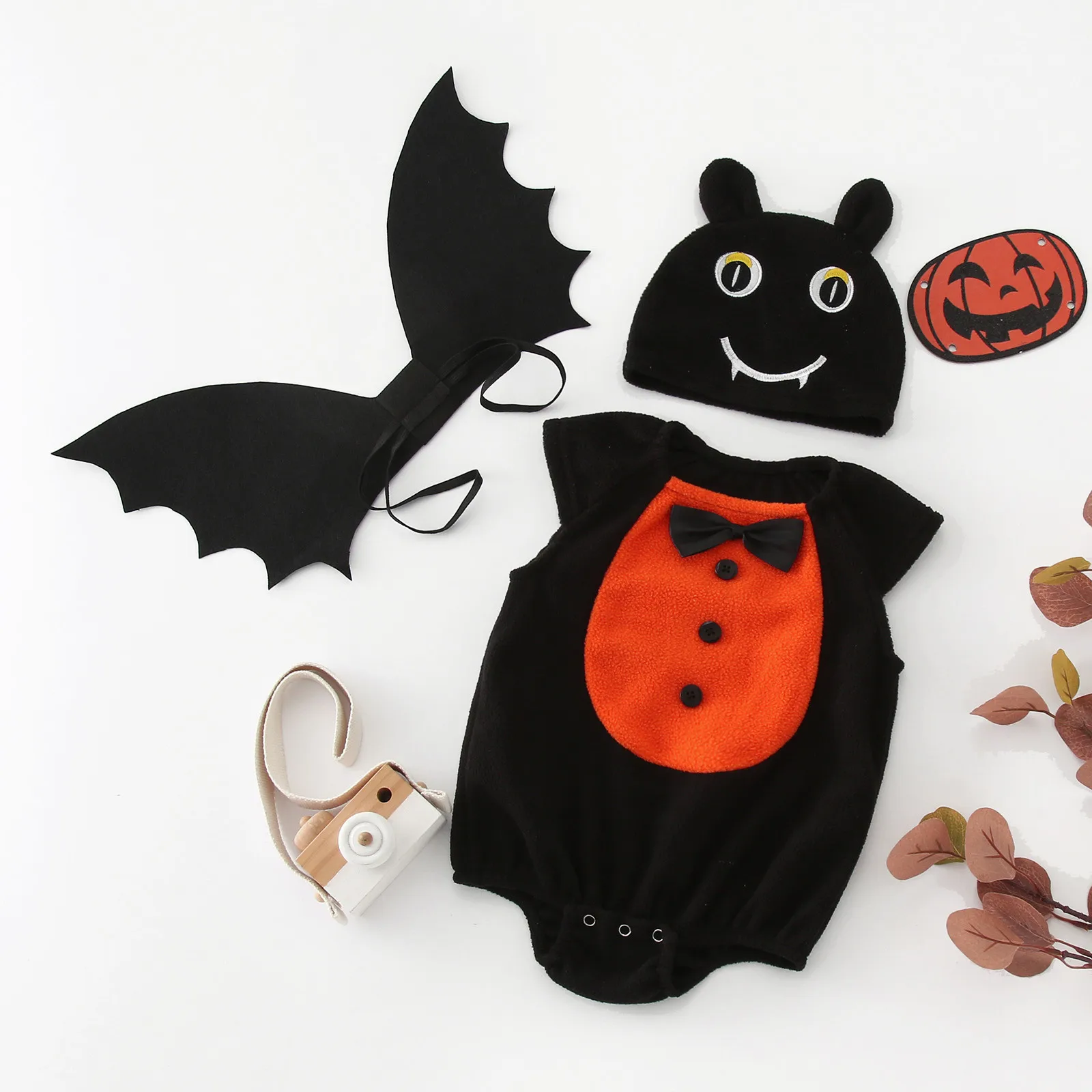 Toddler Infant Baby Girls Boys Halloween Bat Monster Soft Fleece Romper Jumpsuit Sets With Wing Hat 3PCS Set Costumes