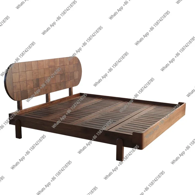 N49 J Nordic Solid Wood Black Walnut Suspended Square Bed Modern Simple Japanese Double Bed Log Master Bedroom