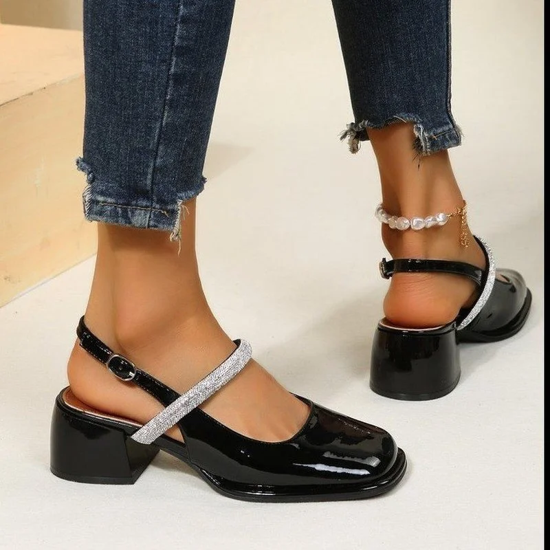 Women Sandals Thick Heel Square Toe Classic Female Mary Jane Shoes 2023 New Design Elegant Shallow Single Shoes Patent Leather