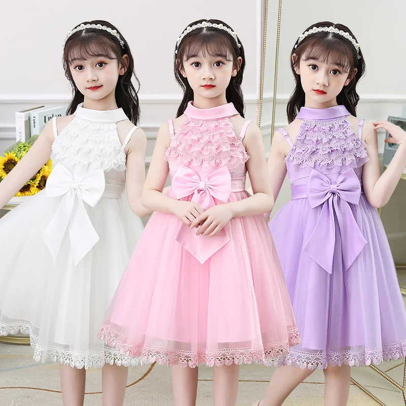 Girls dress 2022 summer dress new Korean children's bow poncho Dress Girls mesh Princess Dress