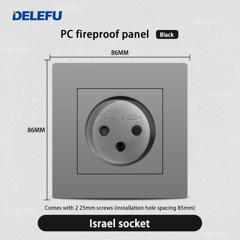 DELEFU Alev Geciktirici PC Paneli 86mm Gri İsrail Standart USB Tip C Hızlı Şarj Duvar Soketi Anahtarı TV Telefon CAT5 CAT6