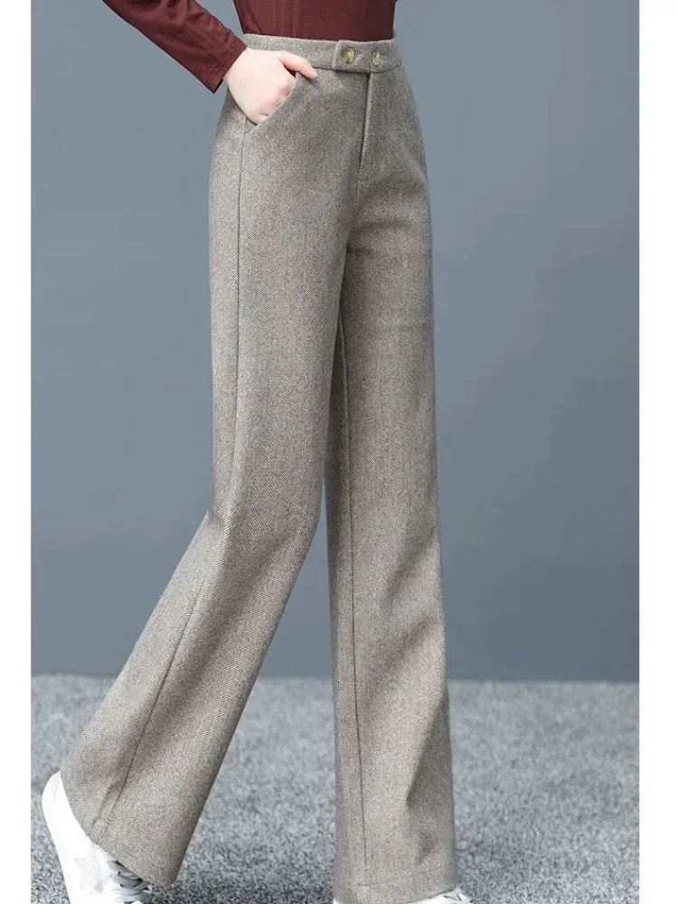 2023Winter New Trousers Herringbone Woolen  Women's Casual Pants All-Matching Slimming and Warm Wide-Leg