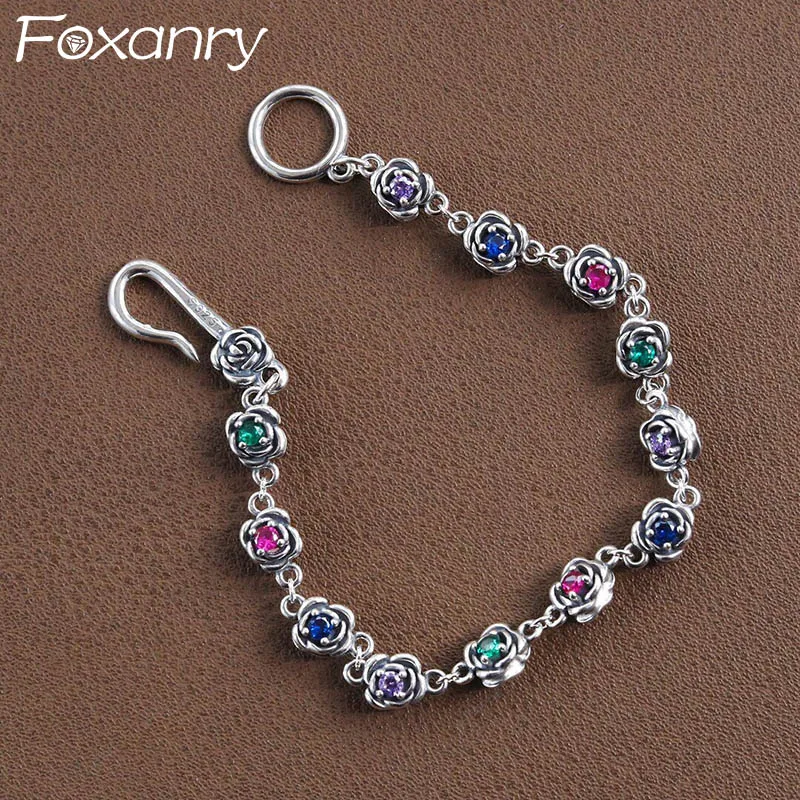 FOXANRY Multicolor Zircons Flower Chain Bracelet for Women Couples New Fashion Vintage Punk Birthday Party Jewelry Gifts