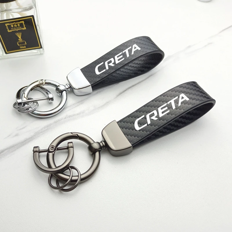 

Leather Carbon Fiber Car Keychain Trinket Zinc Alloy Keyrings Rotate 360 Degrees For Hyundai IX25 Creta 2015 2016 2017 2018