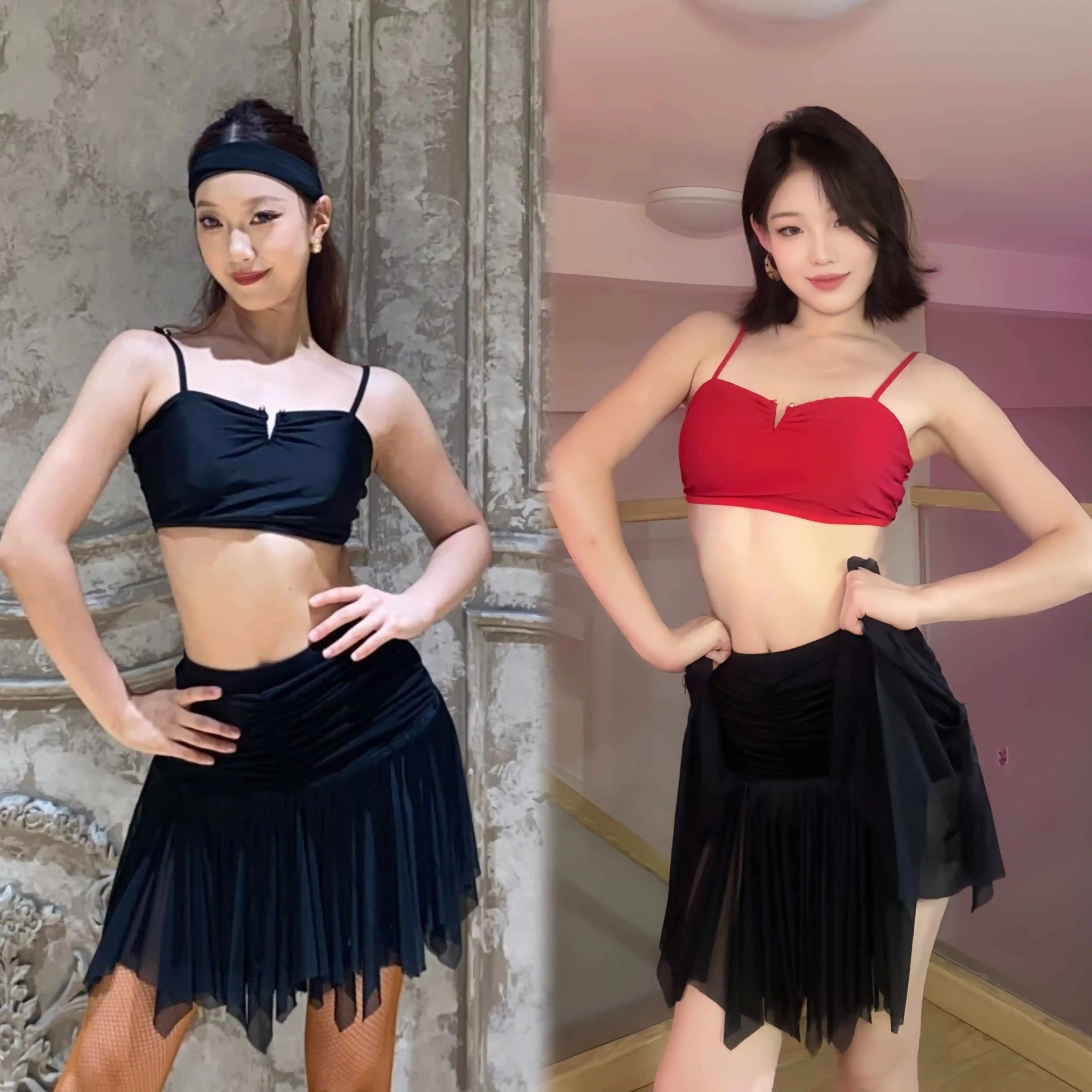 Latin Dance Practice Clothing Women Short Tops Black Skirt Sexy Rumba Samba Dance Clothes Club Jive Salsa Dance Wear DNV24733