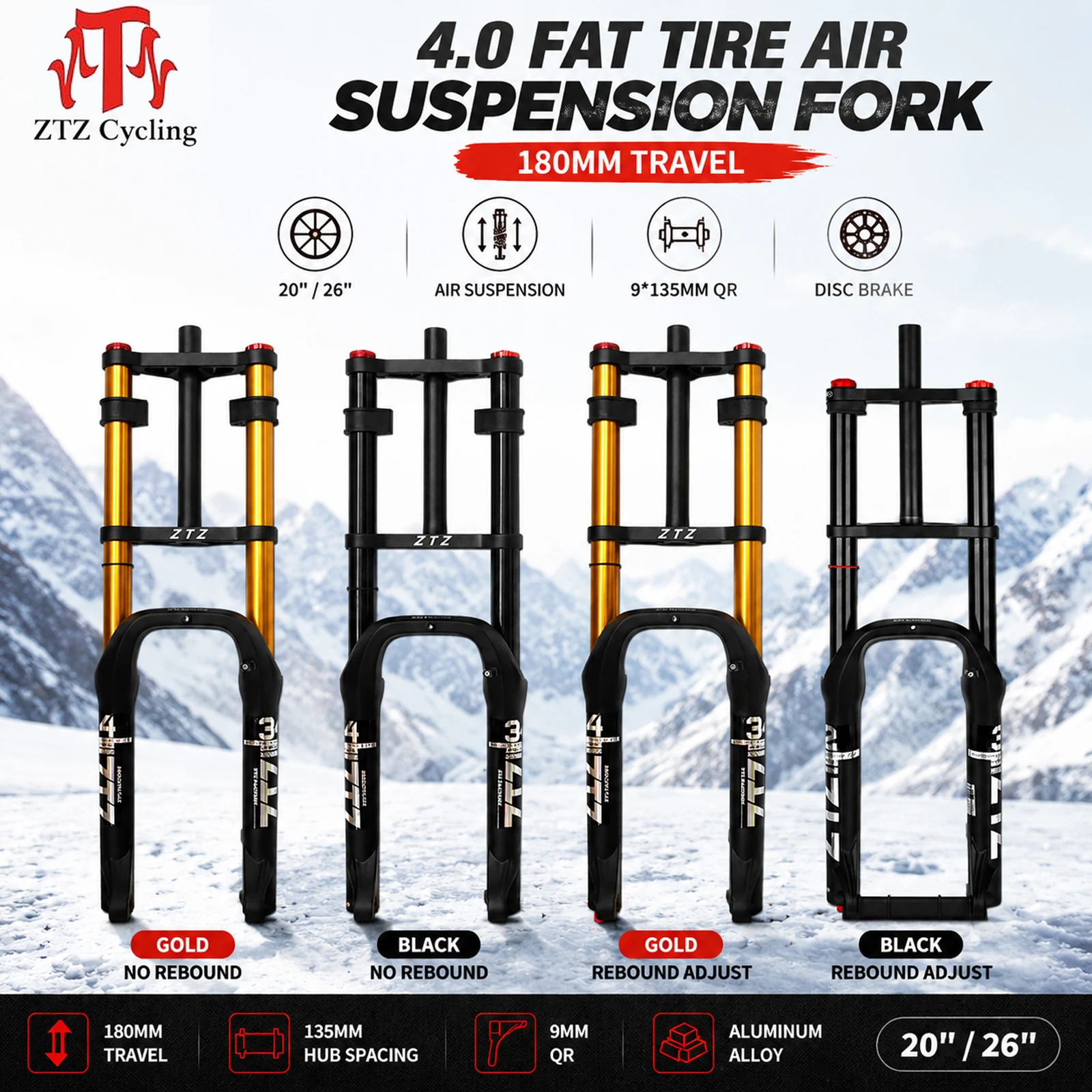 Image of 20"/26" Fatbike-Federgabel mit Luftfederung, 180 mm Federweg, 135 mm Nabenabstand, 9 mm Schnellspanner, Doppelkronen-Stoßdämpfergabel für MTB, Schnee-, Strand- und E-Bike.