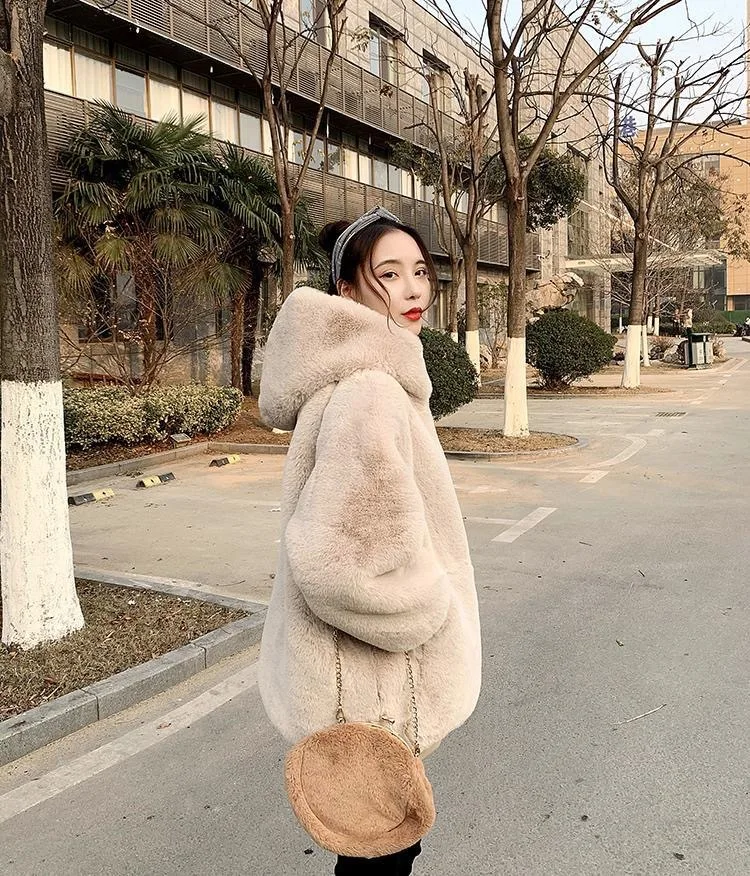 Women Faux Rabbit Fur Coats Solid Fur Jackets Pokcet Zipper Hooded Cotton Linen Long Sleeves Loose Fit Casual 2026 Autumn Winter
