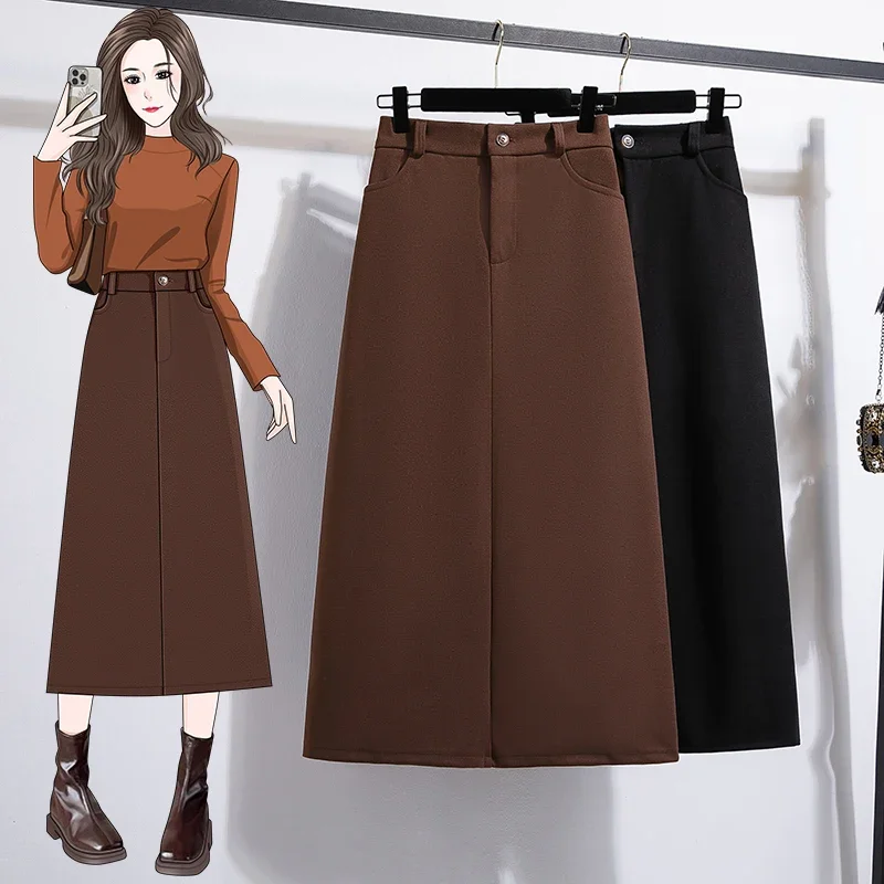 Casual High Waist Chic Buttons Pocket Slim A-line Long Skirts Korean Fashion Office Lady Basics Autumn Winter Plus Size Clothing