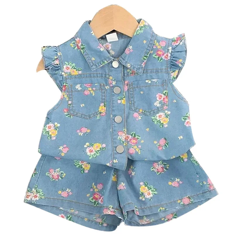 2024 Kids Sleeveless Floral Vest Top+Jeans Outfits Set Summer Baby Girls Clothes Birthday Flower Print Suits Children Clothings