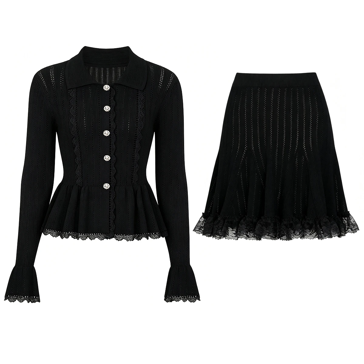 Spring/Summer Women's Fashion Retro Lace Collar Long Sleeve Two piece Set Lace Horn Sleeve Top Short Skirt Elegant Casual Set